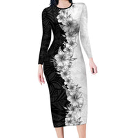 Hawaii Hibiscus Flowers Long Sleeve Bodycon Dress Grayscale Polynesian Pattern