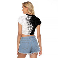 Hawaii Hibiscus Flowers Raglan Cropped T Shirt Grayscale Polynesian Pattern