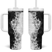 Hawaii Hibiscus Flowers Tumbler With Handle Grayscale Polynesian Pattern