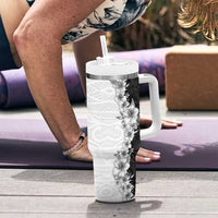 Hawaii Hibiscus Flowers Tumbler With Handle Grayscale Polynesian Pattern