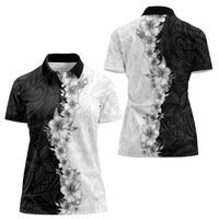 Hawaii Hibiscus Flowers Women Polo Shirt Grayscale Polynesian Pattern