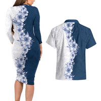 Hawaii Hibiscus Flowers Couples Matching Long Sleeve Bodycon Dress and Hawaiian Shirt Blue Polynesian Pattern