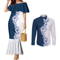 Hawaii Hibiscus Flowers Couples Matching Mermaid Dress and Long Sleeve Button Shirt Blue Polynesian Pattern