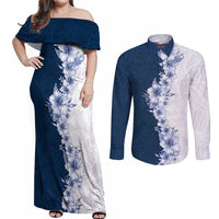 Hawaii Hibiscus Flowers Couples Matching Off Shoulder Maxi Dress and Long Sleeve Button Shirt Blue Polynesian Pattern
