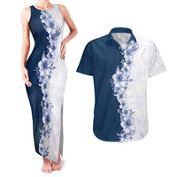Hawaii Hibiscus Flowers Couples Matching Tank Maxi Dress and Hawaiian Shirt Blue Polynesian Pattern