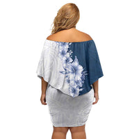 Hawaii Hibiscus Flowers Family Matching Off Shoulder Short Dress and Hawaiian Shirt Blue Polynesian Pattern
