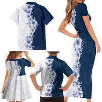 Hawaii Hibiscus Flowers Family Matching Short Sleeve Bodycon Dress and Hawaiian Shirt Blue Polynesian Pattern