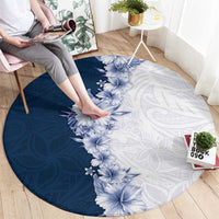 Hawaii Hibiscus Flowers Round Carpet Blue Polynesian Pattern