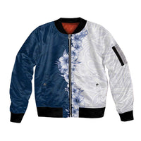 Hawaii Hibiscus Flowers Sleeve Zip Bomber Jacket Blue Polynesian Pattern