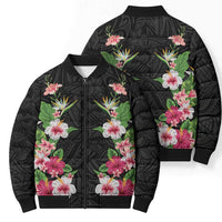Hawaii Tropical Flowers Bomber Puffer Jacket Black Polynesian Tattoo Art