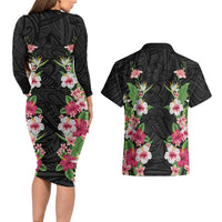 Hawaii Tropical Flowers Couples Matching Long Sleeve Bodycon Dress and Hawaiian Shirt Black Polynesian Tattoo Art