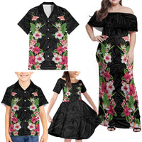 Hawaii Tropical Flowers Family Matching Off Shoulder Maxi Dress and Hawaiian Shirt Black Polynesian Tattoo Art LT05 - Polynesian Pride