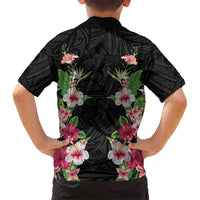 Hawaii Tropical Flowers Family Matching Off Shoulder Short Dress and Hawaiian Shirt Black Polynesian Tattoo Art LT05 - Polynesian Pride