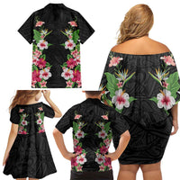 Hawaii Tropical Flowers Family Matching Off Shoulder Short Dress and Hawaiian Shirt Black Polynesian Tattoo Art LT05 - Polynesian Pride