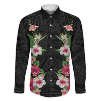 Hawaii Tropical Flowers Family Matching Off Shoulder Short Dress and Hawaiian Shirt Black Polynesian Tattoo Art LT05 Dad's Shirt - Long Sleeve Black - Polynesian Pride