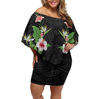 Hawaii Tropical Flowers Family Matching Off Shoulder Short Dress and Hawaiian Shirt Black Polynesian Tattoo Art LT05 Mom's Dress Black - Polynesian Pride
