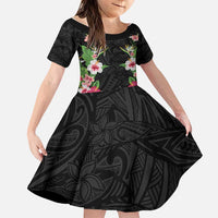 Hawaii Tropical Flowers Family Matching Summer Maxi Dress and Hawaiian Shirt Black Polynesian Tattoo Art LT05 Daughter's Dress Black - Polynesian Pride