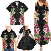 Hawaii Tropical Flowers Family Matching Summer Maxi Dress and Hawaiian Shirt Black Polynesian Tattoo Art LT05 - Polynesian Pride