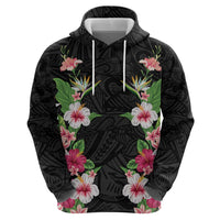 Hawaii Tropical Flowers Hoodie Black Polynesian Tattoo Art
