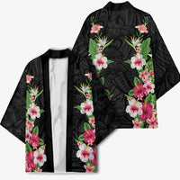 Hawaii Tropical Flowers Kimono Black Polynesian Tattoo Art