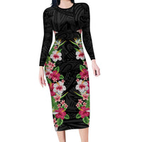Hawaii Tropical Flowers Long Sleeve Bodycon Dress Black Polynesian Tattoo Art