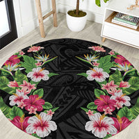 Hawaii Tropical Flowers Round Carpet Black Polynesian Tattoo Art