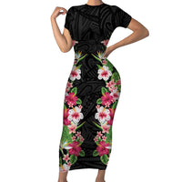 Hawaii Tropical Flowers Short Sleeve Bodycon Dress Black Polynesian Tattoo Art