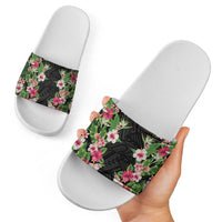 Hawaii Tropical Flowers Slide Sandals Black Polynesian Tattoo Art