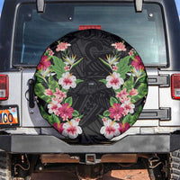 Hawaii Tropical Flowers Spare Tire Cover Black Polynesian Tattoo Art