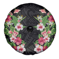 Hawaii Tropical Flowers Spare Tire Cover Black Polynesian Tattoo Art