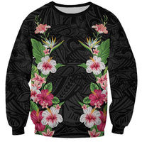 Hawaii Tropical Flowers Sweatshirt Black Polynesian Tattoo Art