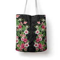 Hawaii Tropical Flowers Tote Bag Black Polynesian Tattoo Art