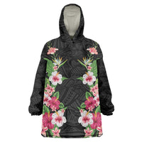 Hawaii Tropical Flowers Wearable Blanket Hoodie Black Polynesian Tattoo Art