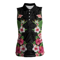 Hawaii Tropical Flowers Women Sleeveless Polo Shirt Black Polynesian Tattoo Art