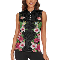Hawaii Tropical Flowers Women Sleeveless Polo Shirt Black Polynesian Tattoo Art