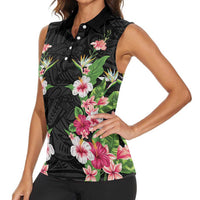 Hawaii Tropical Flowers Women Sleeveless Polo Shirt Black Polynesian Tattoo Art
