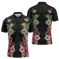 Hawaii Tropical Flowers Zipper Polo Shirt Black Polynesian Tattoo Art