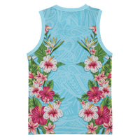 Hawaii Tropical Flowers Basketball Jersey Sky Blue Polynesian Tattoo Art