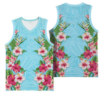 Hawaii Tropical Flowers Basketball Jersey Sky Blue Polynesian Tattoo Art