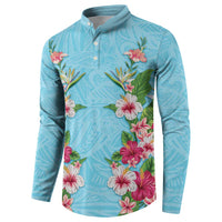 Hawaii Tropical Flowers Button Sweatshirt Sky Blue Polynesian Tattoo Art