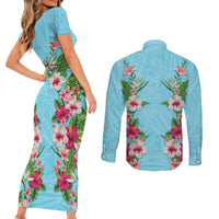 Hawaii Tropical Flowers Couples Matching Short Sleeve Bodycon Dress and Long Sleeve Button Shirt Sky Blue Polynesian Tattoo Art