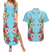 Hawaii Tropical Flowers Couples Matching Summer Maxi Dress and Hawaiian Shirt Sky Blue Polynesian Tattoo Art
