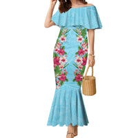 Hawaii Tropical Flowers Family Matching Mermaid Dress and Hawaiian Shirt Sky Blue Polynesian Tattoo Art LT05 Mom's Dress Blue - Polynesian Pride