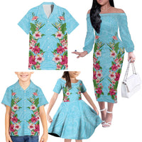 Hawaii Tropical Flowers Family Matching Off The Shoulder Long Sleeve Dress and Hawaiian Shirt Sky Blue Polynesian Tattoo Art LT05 - Polynesian Pride
