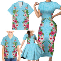 Hawaii Tropical Flowers Family Matching Short Sleeve Bodycon Dress and Hawaiian Shirt Sky Blue Polynesian Tattoo Art LT05 - Polynesian Pride