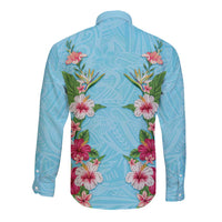 Hawaii Tropical Flowers Long Sleeve Button Shirt Sky Blue Polynesian Tattoo Art