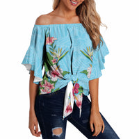 Hawaii Tropical Flowers Off Shoulder Wrap Waist Top Sky Blue Polynesian Tattoo Art LT05 - Polynesian Pride