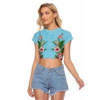 Hawaii Tropical Flowers Raglan Cropped T Shirt Sky Blue Polynesian Tattoo Art