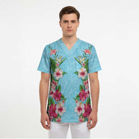 Hawaii Tropical Flowers Scrub Top Sky Blue Polynesian Tattoo Art