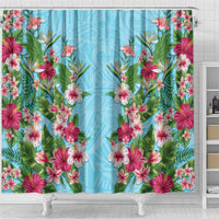 Hawaii Tropical Flowers Shower Curtain Sky Blue Polynesian Tattoo Art